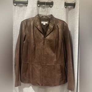 Women’s Coldwater Creek Metallic Brown Gold Suede Leather Zip Jacket Size Large.